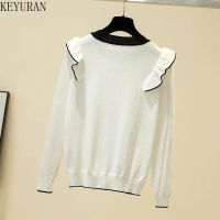 2021 Spring Autumn Sweaters Women Long Sleeve Button Ruffles Hollow Out Knitted Sweater Korean Style Fall Pullovers Pull