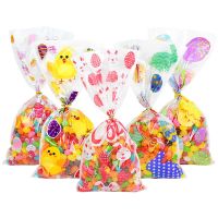 50pcs Happy Easter Candy Bags Plastic Gifts Bag Baking Packaging Bags Cartoon Easter Eggs Bunny Snack Candy Cookies Bag