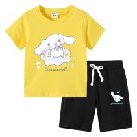 2 Sanrio อนิเมะ Cinnamoroll ชุดกางเกงขาสั้นแขนสั้นของเด็กชุดเสื้อยืดผ้าฝ้ายน่ารักเด็กหญิงเด็กชายฤดูร้อนชุดลำลองของขวัญเด็ก