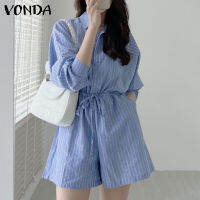 top●VONDA Women 3/4 Sleeve Lapel Button Up Jumpsuits Belted Striped Playsuits Short Pants Pantalon (Korean Causal)