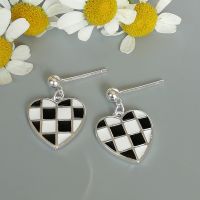 Sterling silver black and white checkered heart ear danglers |  Heart earrings | Bohemian earrings | Gifts for her | 925 Silver | E1069