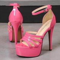 Red Pink Model Dress Shoes Sexy Nightclub Large Size Platform Women High Heels Stiletto Patent Leather Ankle Strap Sandals B0113