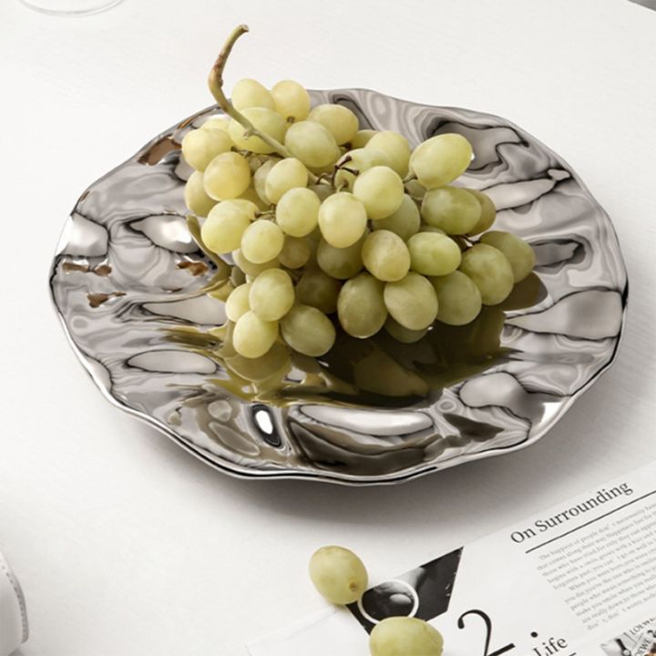 elegant-irregular-water-ripple-shape-plates-round-silver-plated-fruit-desert-snack-plates-rings-necklaces-perfume