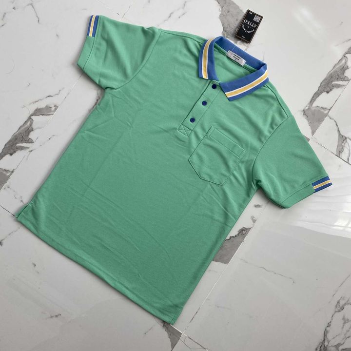 polo-shirt-เสื้อโปโล-ผ้าไมโครแอร์-micro-plus-สีเขียวมิ้นท์-ปกขลีปฟ้าเหลือง-สวมใส่สบาย-แบบคลาสสิค-ไม่เหมือนใคร-เหมาะสำรับอากาศในประเทศไทย