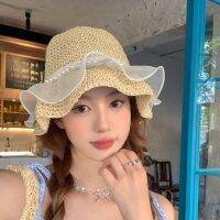 หมวกหมวกสาน Topi Memancing Fu ลูกไม้หมวกฟางไข่มุกทอเครื่องประดับแฟชั่นหมวกกันแดด