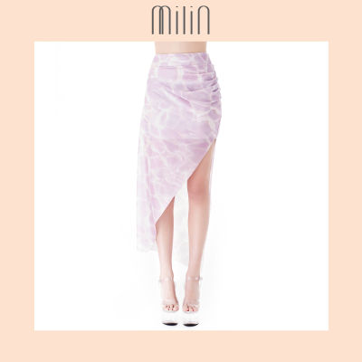 [MILIN] Digital printed glossy spandex side ruched asymmetric skirt กระโปรง พิมพ์ลาย ทรงไม่สมมาตร จับรูดด้านข้าง Playa Skirt