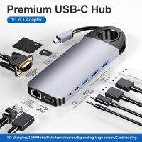 USB C Hub 10 In 1 Dock พร้อมสายที่ซ่อนอยู่กิกะบิตอีเธอร์เน็ต4K หัวแปลงสัญญาณ HDMI 60W PD VGA 3.5มม. Sd/tf Type C Hub สำหรับ iPad MacBook Pro Feona