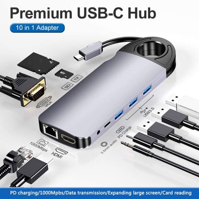 USB C Hub 10 In 1 Dock พร้อมสายที่ซ่อนอยู่กิกะบิตอีเธอร์เน็ต4K หัวแปลงสัญญาณ HDMI 60W PD VGA 3.5มม. Sd/tf Type C Hub สำหรับ iPad MacBook Pro Feona