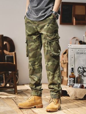 HOT11★กางเกงคาร์โก้ลายพรางบาง &amp; เบาสำหรับฤดูร้อนกางเกงทหารหลายกระเป๋ากางเกงขายาวทรงตรงสำหรับผ้าฝ้ายลำลอง