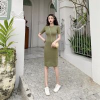 READY STOCK Elastic Knit Bodycon Dress Womens Fashion O Neck Short Sleeve Solid Dress