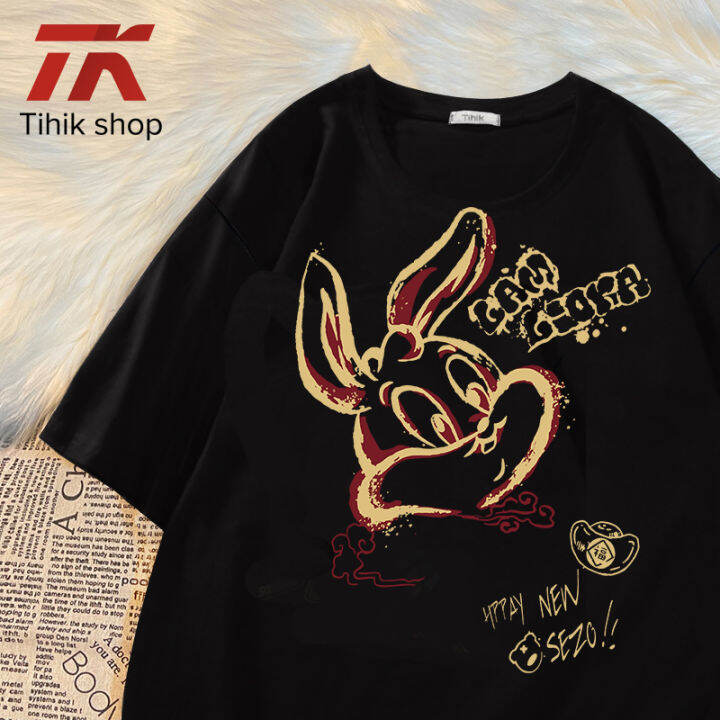 tihik-เสื้อยืดแขนสั้นสำหรับผู้หญิงคอกลมพิมพ์ลายกระต่ายขนาดใหญ่แบบเกาหลี