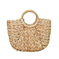 Yogodlns Simple Straw Handbag for Girls Summer Beach Travel Hand Bag Half Moon Hand Woven Rattan Handbags Round Handle Bags