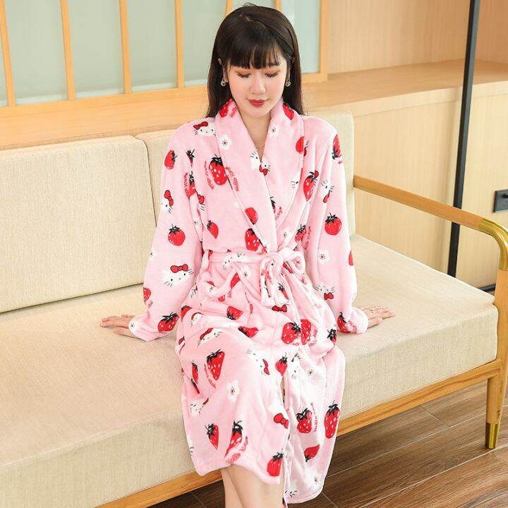 xiaoli-clothing-สตรอเบอร์รี่พิมพ์แขนยาวเสื้อคลุม-nightgown-กิโมโนสักหลาดเสื้อคลุมอาบน้ำฤดูหนาวคาร์ดิแกน-homewear-คอ-v-ชุดนอนหลวม