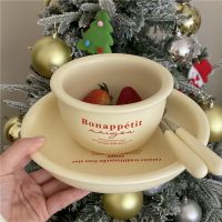 ☞✖▪ Korean Style Ins Cream French Letter Ceramic Bowl Dessert Plate Set Home Tableware Breakfast Bowl Plate