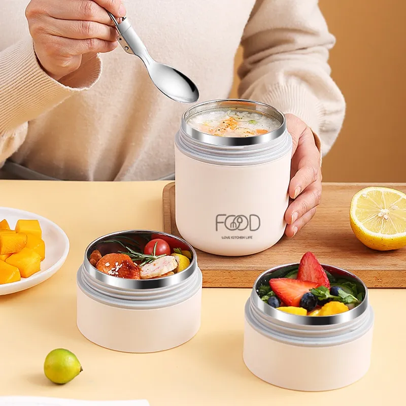 Insulated Food Jar Lunch Box Vacuum Food Thermos Soup Cup with Folding  Spoon Stainless Steel Thermal Food Container Warmer Storage Jar 