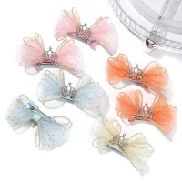 2pcs Girls Hair Clip Lovely Organza Bow Hairpins Kids Barrettes Zircon Crown Hair Ornaments Children Princess Hair Accessories