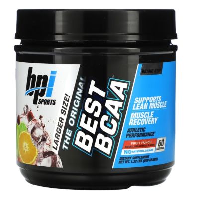 BPI Sports Best BCAA Powder  (Fruit Punch 60 Servings) Branched Chain Amino Acids Muscle Recovery Muscle Protein Synthesis Lean Muscle Improved Performance Hydration กรดอะมิโนทีจำเป็น ช่วยสร้างกล้ามเนื้อ