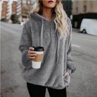 [Hot]ฤดูหนาวผู้หญิง Sherpa Hoodies ขนแกะขนาดใหญ่ Hooded Pullover หลวม Fluffy Coat Warm Streetwear Hoodies