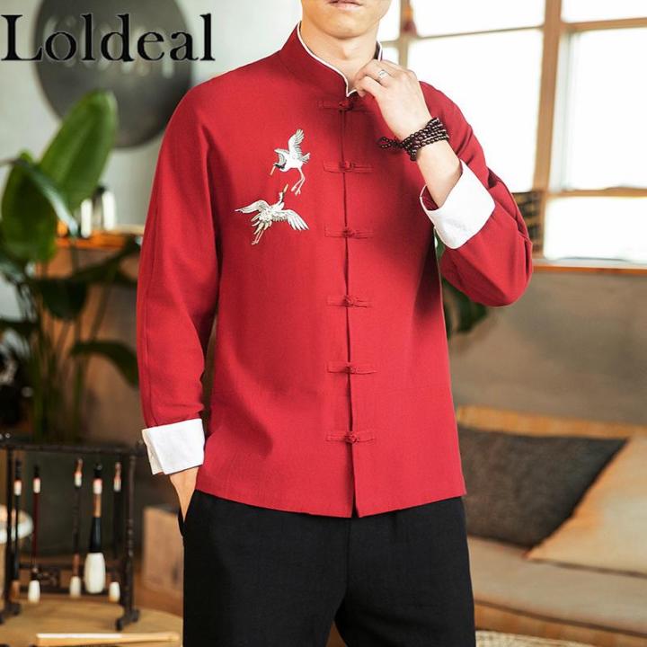 loldeal-จีนแขนยาวเสื้อปุ่มลำลอง-flying-crane-เย็บปักถักร้อยผ้าลินิน-comfort-816