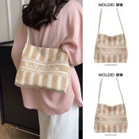 Summer large-capacity commuter bag niche design one-shoulder tote bag female 2023 new striped letter canvas bag 【QYUE】