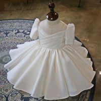 Girls White Bow Easter Long Dress Flower Wedding Dresses Newborn Babies Baptism Clothes Princess Tutu Birthday Party Wear