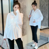 838# Autumn Korean Fashion White Cotton Maternity Blouses Loose Slim Waist Shirt Clothes for all Pregnancy Tops