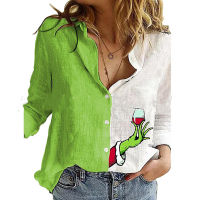 Fashion Green Stitching Wine Glass Print Shirt Autumn Womens Lapel Long Sleeve Office Blouse Elegant Ladies Tops Streetwear 2xl