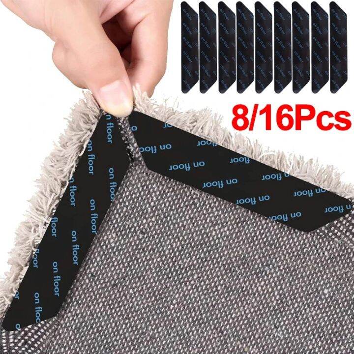 8pcs Black Anti-slip Rug Gripper With Reusable Pu Washable Adhesive Pads  For Carpet, Stairs & Floor