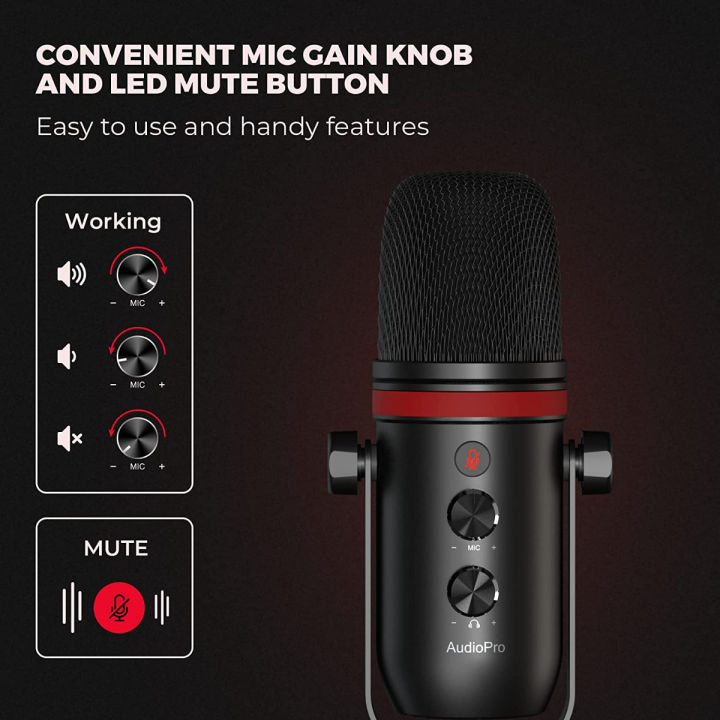 audiopro-usb-microphone-computer-condenser-gaming-mic-for-pc-laptop-phone-ps4-5-headphone-output-volume-control-usb-type-c-plug-and-play-led-mute-button-for-streaming-podcast-studio-recording