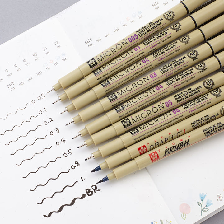 pigment-liner-ไมครอนชุดปากกาเข็มปากกา-lot-005-01-02-03-04-05-08-1-0-แปรง-art-markers-fineliner-ปากการ่างภาพ-yrrey