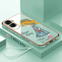 เคสสำหรับ Honor โทรศัพท์90 5G 90 Lite 5G ฟรีสายคล้องการ์ตูนสาวน่ารักลายขอบสี่เหลี่ยมเคสโทรศัพท์ชุบหรูหราชุบเคสโทรศัพท์นิ่ม