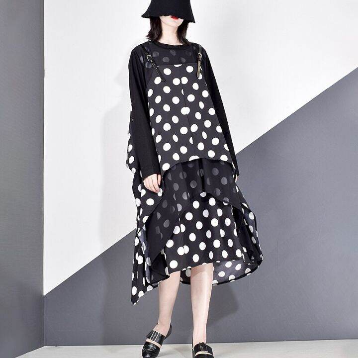 xitao-dress-dots-patchwork-casual-women-loose-long-sleeve-dress