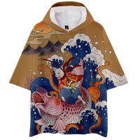 Ukiyoe-Sudadera con capucha para hombre y mujer, suéter de manga corta con estampado japonés de gato y pesca en 3d, estilo Harajuku, novedad