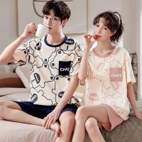 COD SDFGERGERTER Pajamas women summer Satin Plus Size couple pajamas summer short-sleeved shorts mens and womens thin section knitted cotton casual loose can be worn outside the two-piece suit