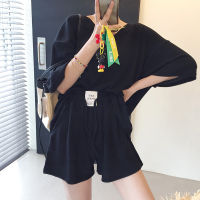 Korean Short Suit Chic Style V-neck Loose Short Sleeve Knitted T-shirt Two Piece Wide Leg Casual Shorts With Large Pocket