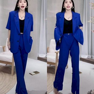 Insozkdg Summer Blazer Pantsuits Two Piece Set Office Ladies Women Yellow Business Single Breasted Blazer Flared Pants Suit...