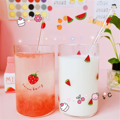 【New Hot Sale &amp; With Straw Glass Cup】ZIR 300ML High Borosilicate Glass Cup Strawberry Pattern Drinking Cup Clear Glass Tea Cup Heat-Resistant Water Cup Fruit Pattern