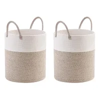 2X Decorative Woven Cotton Rope Basket, Tall Laundry Basket/Hamper, Blanket Basket for Living Room