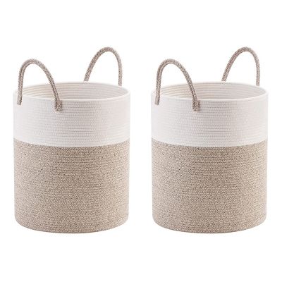 2X Decorative Woven Cotton Rope Basket, Tall Laundry Basket/Hamper, Blanket Basket for Living Room