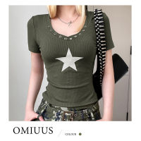 [OMIUUS] เสื้อยืดผู้หญิงลายดาวมิลเลนเนียมเสื้อยืดมีฮู้ดปุ่มค็อกเทลสั้นมีฮู้ด