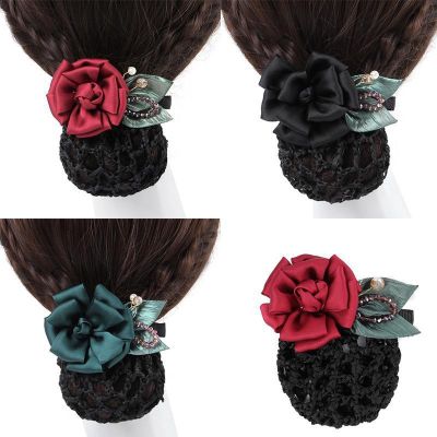 Elegant Rose Professional Hairnet Staff Hair Ornaments Crystal Flower Hairpin
