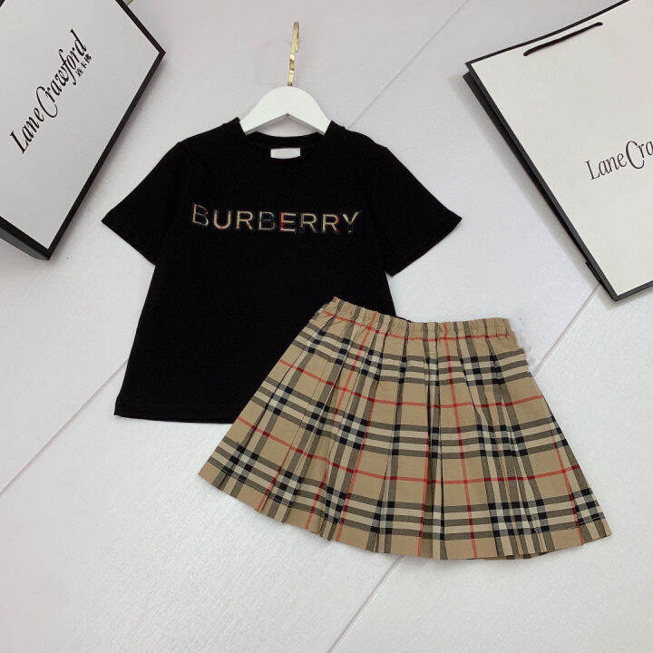 burberry-ฤดูร้อนคลาสสิกลายสก๊อตพิมพ์ชุดกระโปรงแขนสั้นสองชิ้นสไตล์ตะวันตกสาวอารมณ์ระดับไฮเอนด์