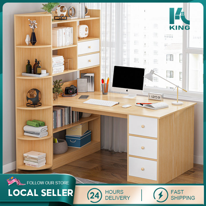 King 140cm Meja belajar Computer Study Table With Side Bookshelves