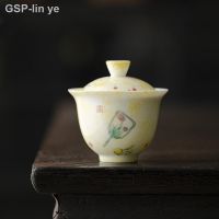 ☂☊ภาพวาดด้วยมือ Gaiwan สำหรับชุดน้ำชาถ้วยเก็บสีเหลืองชามจีน