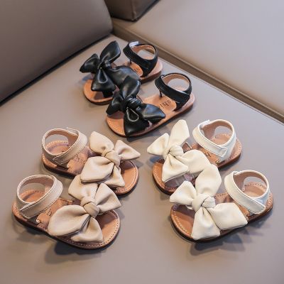 Girls Summer Sandals Big Bowtie Pu Leather 21-30 Sweet Children Sliders Lovely Stylish Three Colors Flexiable Cute Kids Flats