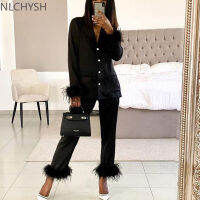 Pajamas for Women Two-piece Chic Feather Detail Casual Pajamas Long-sleeved Button Homewear Top and Slim Pants Set