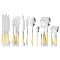 24Pcs Cutlery Set Dinner Classic Restaurant Gold Stainless Steel Kitchen Wedding Dining Dinnerware Tableware Dishwasher Safe