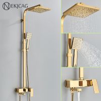 QSR STORE Quality Golden Bathroom Shower Faucet  8  Square Rainfall Column Wall Mount Bath Set Single Handle With Handshower