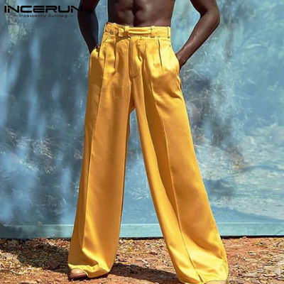 INCERUN กางเกงเดินชายหาดขาตรงสำหรับผู้ชาย,กางเกงสไตล์วินเทจทรงหลวมแบบลำลองกางเกงสไตล์ตะวันตกสำหรับใส่ในวันหยุด