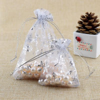 100pcs 7*9cm Transparent Organza Jewelry Bags White Red Snow Flake Design Christmas Candy Gift Packaging Pouches